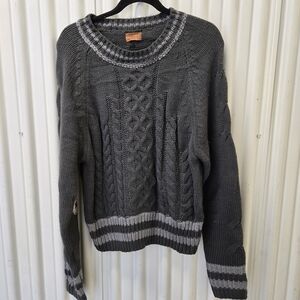 POL Gray Cable Knit Crewneck Sweater with Light Gray Trim